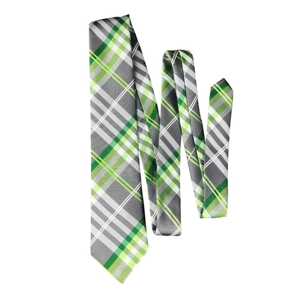 Geoffrey Beene Mens Plaid Silk Blend Tie Grey Green White Check Necktie 58x3.25